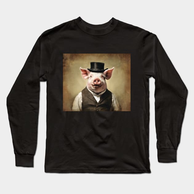 Victorian Pig Portrait Artistic Gift Long Sleeve T-Shirt by popanato